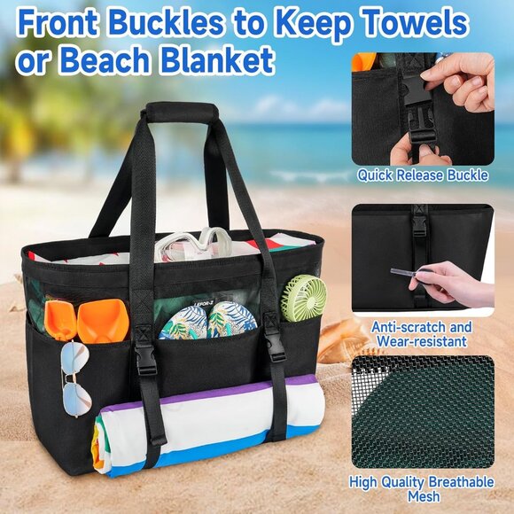 Women's Black with Front Buckles Mesh Beach Tote Waterproof Sandproof Beach Bag - Picture 6 of 8